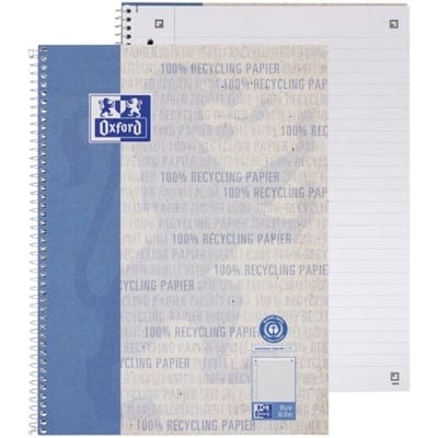 Oxford Recycling notitieboek, 80 vel, DIN A4+, 90 g/m², 4-gaats perforatie, spiraalbinding, OPTIK PAPER®, microgeperforeerd, gelijnd, linkerkantlijn, blauw