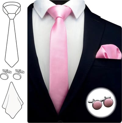Fako Fashion - Stropdas Met Pochette en Manchetknopen - Gestreept - Ribstructuur - 100% Zijde - Effen - 6cm - 145cm - Roze