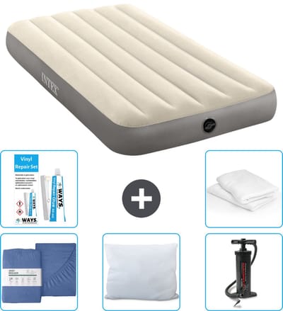Intex Luchtbed - 1-Persoons - 99 x 191 x 25 cm - Beige - Inclusief Hoeslaken - Kussen - Pomp - Reparatieset en Kussenbeschermer