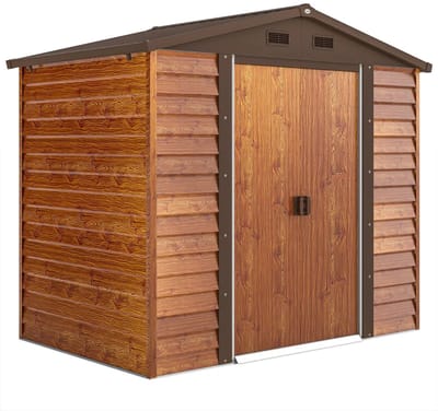 Tuinschuur - 152 x 235,7 x 208,7 cm - Tuinhuisje met Dubbele Schuifdeuren - Gegalvaniseerd Staal - Weerbestendig - Gereedschapsschuur - Opslagruimte Tuin - Tuingereedschap Bewaren - Buitenschuren - Tuinhuis - Bruin