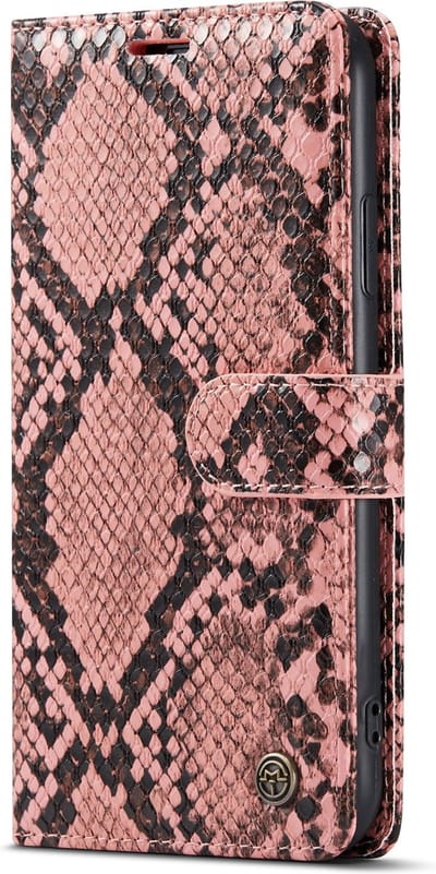 Casemania Hoesje Geschikt voor Apple iPhone XR - Roze - Luxe Wallet Bookcase met Pasjeshouder en Standaard - Kunstleer Portemonnee Telefoonhoesje met Slangen Structuur