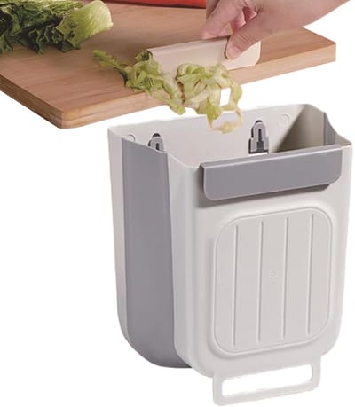 Luxe Opvouwbare Prullenbak voor Keukenkastje - Hangende Prullenbak Keuken - Opvouwbaar Design - 19*21*13.5 cm - Bespaar Ruimte - Grijs/Wit - Geschikt voor Keuken, Badkamer & Camper