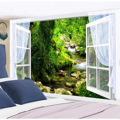 Tapisserie murale suspendue de peinture de paysage de fenêtre, cascade de forêt, décoration de maison de Style moderne bohème psychédélique 95x70CM black