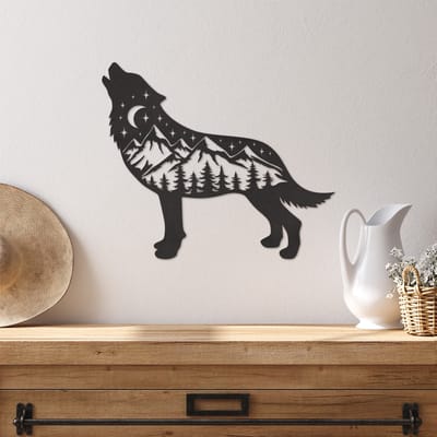 Wanddecoratie Wolf Bergen - Muurdecoratie Wolf Landschap - Muurdecoratie Hout - Wanddecoratie Landschap - Muurdecoratie Woonkamer - Wanddecoratie Woonkamer - Wanddecoratie Industrieel - Wanddecoratie Dieren - Home Decor - Wall Line Art - 34.5 x 29 cm