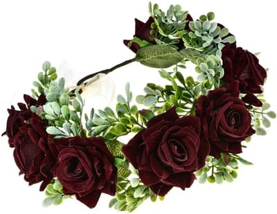 Krans Hoofddeksel - Bloemen Haarband - Feestelijke Gelegenheden - Handgemaakt Verstelbaar - Binnendiameter 18 cm - Bourgondië