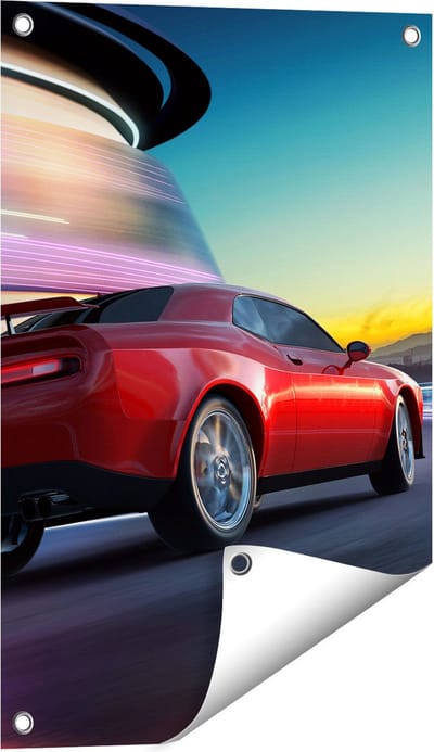 Gards Tuinposter Rode Sportwagen Auto in de Stad - 40x60 cm - Tuindoek - Tuindecoratie - Wanddecoratie buiten - Tuinschilderij