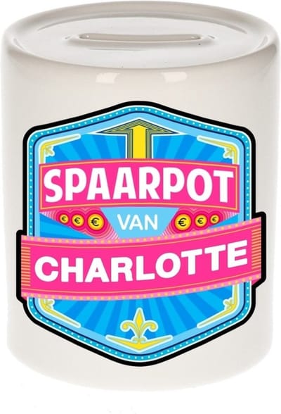 Bellatio Decorations Kinder spaarpot met naam - Charlotte - keramiek - met dop - wit - Sparen - Spaargeld van Charlotte