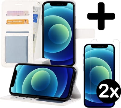 Hoesje - Met 2x Screenprotector - Geschikt voor Apple iPhone 12 - Luxe Pasjeshouder - Flip Case - Bookcase Portemonee - Kunstleer Book Case - Flipcase Hoes - Book Cover - Walletcase - Portemonneehoes - Telefoonhoes - Wit