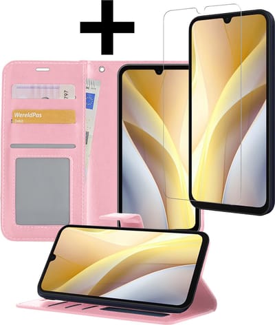 Hoesje - Met Screenprotector - Geschikt voor Samsung Galaxy A15 - Luxe Pasjeshouder - Bookcase Portemonee - Flip Case - Kunstleer Book Case - Flipcase - Book Cover - Walletcase - Portemonneehoes - Telefoonhoesjes - Lichtroze