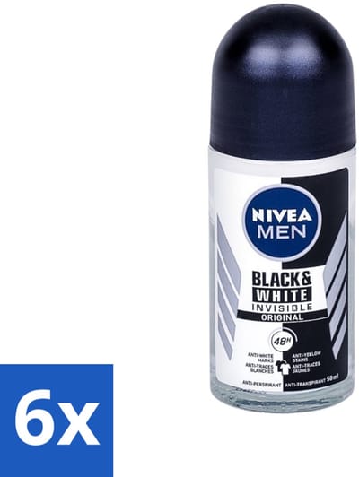 Nivea - Men - Deodorant - Invisible for Black & White Power - Rollerdeodorant - 50 ml - Voordeelverpakking - 6 stuks