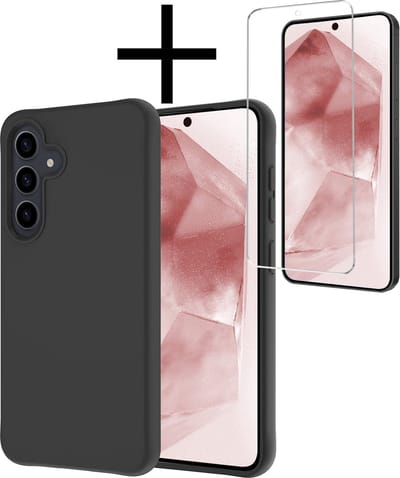 Hoesje - Met Screenprotector - Geschikt voor Samsung Galaxy A55 - Sterk & Shockproof - Back Cover - Siliconen Case - Telefoon Hoes - Zwart