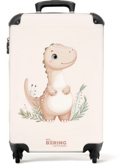 NoBoringSuitcases.com® - Kinderkoffer jongen - Kindertrolley jongens - Beige dinosaurus met groene blaadjes - Handbagage koffer lichtgewicht - Reiskoffer trolley kinderen - Rolkoffer met wieltjes - Past binnen 55x40x20 en 55x35x25