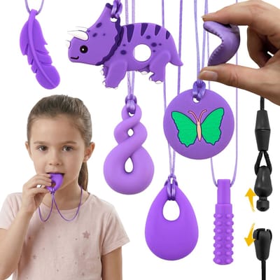 Paarse set sensorische bijtringen voor kinderen, therapeutische ketting, siliconen bijtring voor meisjes – 6 stuks