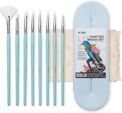 HIMI - Gouache penselen - Little Bird - set van 8 - met kunststof opbergdoos - Ice Blue
