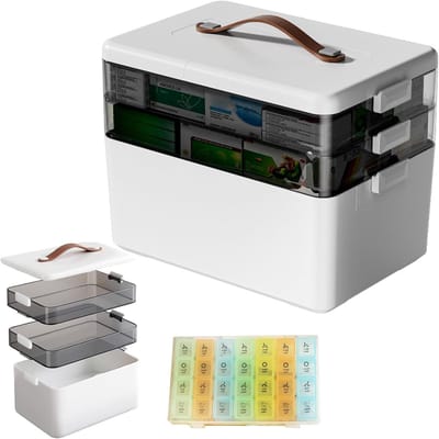 Draagbare medicijnopslagdoos met 3 niveaus, pillenorganizer voor 7 dagen, 4 keer per dag, multifunctionele medicijnbox met deksel voor thuis, kantoor, auto en school