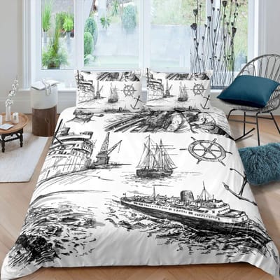 Nautisch Zeilboot King Queen Dekbedovertrek Kust Zeilboot Beddengoed Set Zeeavontuur Dekbedovertrek Polyester Dekbedovertrek 200x200cm 3pcs