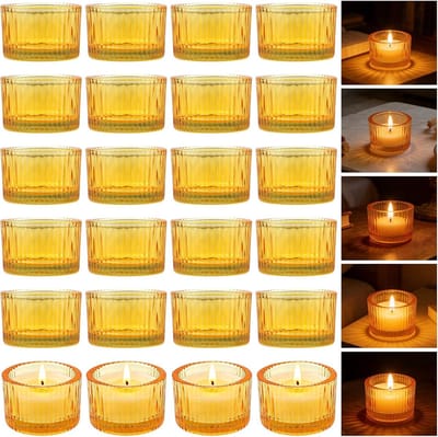 24 stuks windlichtglazen, theelichtglazen, klein, 5,2 cm x 3,5 cm, heldere theelichthouders, glas, kaarsenglazen voor windlicht, tafeldecoratie, feestdecoratie, bruiloft (geel)