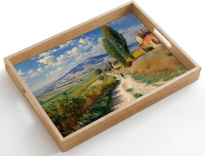 Dienblad hout 50x35 cm - Schootdienblad - Mensen - Wandelen - Zandpad - Velden - Borrelplank rechthoek - Plateau dienbladen