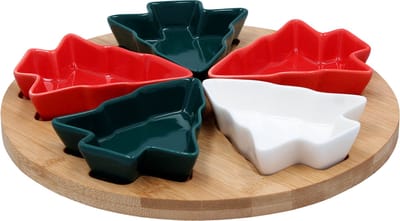 Hors d'oeuvres serveerset - 5 kerstboomvormige schalen met bamboe bord