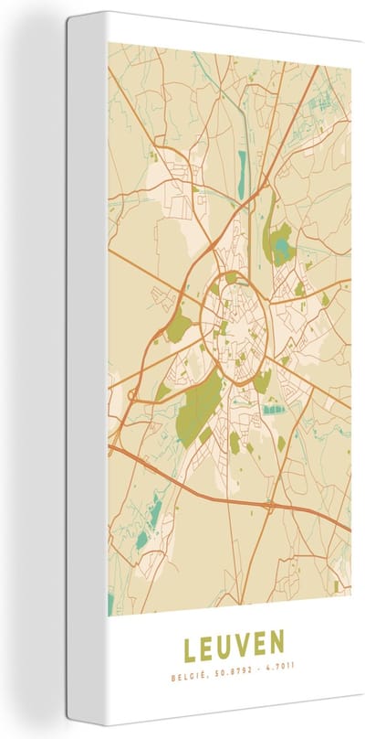 Canvas Schilderij Kaart - België - Vintage - Plattegrond - Stadskaart - Leuven - 20x40 cm - Wanddecoratie