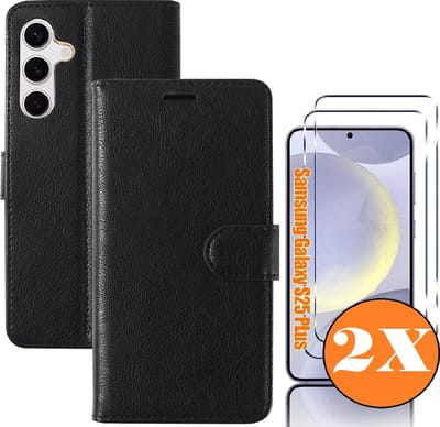 Hoesje geschikt voor Samsung Galaxy S25 Plus bookcase Zwart - Met screenprotector tempered glass Galaxy S25 Plus - 2x