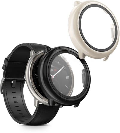 kwmobile 2x cover geschikt voor Amazfit Active2 (A2437) - Fitnesstracker cover van gehard glas en kunststof frame set zwart / beige
