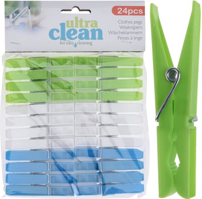 Ultra Clean Wasknijpers - 24x stuks - groen/blauw/wit - van kunststof - formaat 7 cm - wassen - was ophangen