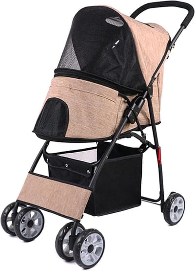 Huisdierenbuggy - Hondenwagen Kattenwagen - Comfortabel Reizen - Lichtgewicht Inklapbaar - 4-Wiel - Beige