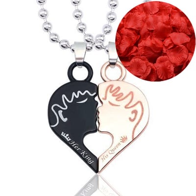 Zoenend Hartjes Ketting Set + Rozenblaadjes = Valentijn Cadeautje voor Hem en Haar - Valentijnsdag - Valentijn Cadeautje voor Mannen