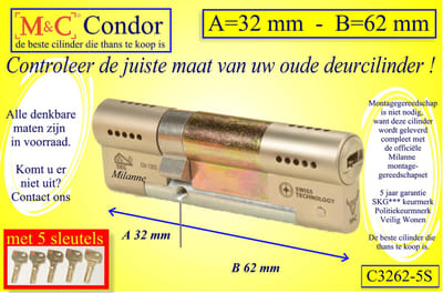 M&C Conder high-tech security deurcilinder 32x62 mm MET 5 SLEUTELS - SKG*** - Politiekeurmerk Veilig Wonen  -  inclusief MilaNNE gereedschap montageset