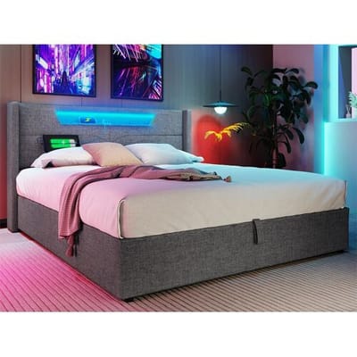 ModernLuxe Opbergbed 140x200cm gestoffeerd in linnenstof - met LED en oplaadpoorten - met lattenbodem - Grijs