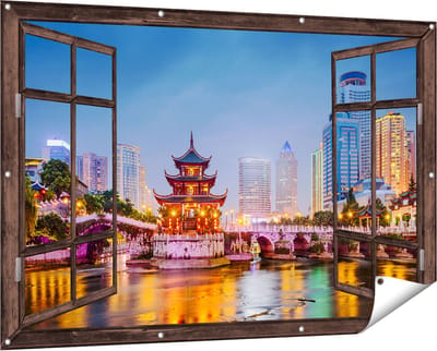 Gards Tuinposter Doorkijk Rivier bij Stad Guiyang in China - 150x100 cm - Tuindoek - Tuindecoratie - Wanddecoratie buiten - Tuinschilderij