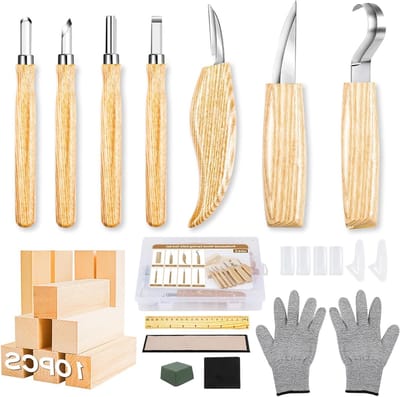 Complete 23-in-1 Hout Snijset met 7 Snijmessen, Snijgereedschap voor Beginners en Professionals, Inclusief Snijbestendige Handschoenen en Slijpstenen voor Houtbewerking