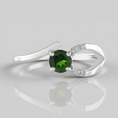 Cavill - Ronde Russische Diopsied 0 42 ct & Cambodjaanse Zirkonia 0 057 ct - 925 Zilver - Platina Plating - Elegante Groene Edelsteen Ring Maat 17