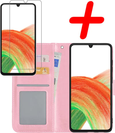 Hoesje Met Screenprotector - Geschikt voor Samsung Galaxy A33 - Luxe Pasjeshouder - Bookcase Portemonee - Flip Case - Kunstleer Book Case - Flipcase - Book Cover - Walletcase - Portemonneehoes - Lichtroze