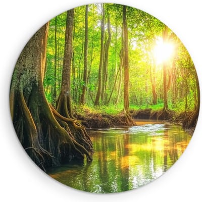 Saammp Muurcirkel Hout - Natuur - Zon tussen de bomen door - Water - landschap - Ø 90 - Wandcirkel - Wanddecoratie Cirkel - Muurdecoratie Woonkamer - Slaapkamer decoratie - Rond Schilderij