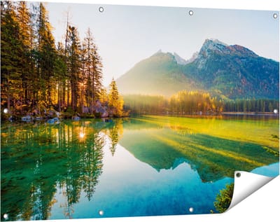 Gards Tuinposter Zonsopgang bij het Meer in de Herfst - 120x80 cm - Tuindoek - Tuindecoratie - Wanddecoratie buiten - Tuinschilderij