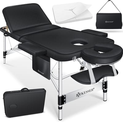 KESSER® Massagetafel inklapbaar 180x70x90cm | Behandeltafel 225kg Draagvermogen & In Hoogte Verstelbaar | Mobiele Massagebank 3-Zone | Aluminium Massagebed met Hoofdsteunen Armsteunen & opbergtas - Zwart