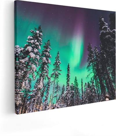 Artaza Canvas Schilderij Winterlandschap - 50x40 cm - Wanddecoratie Noorderlicht - Muurdecoratie Bomen - Kamer Accessoires Bos