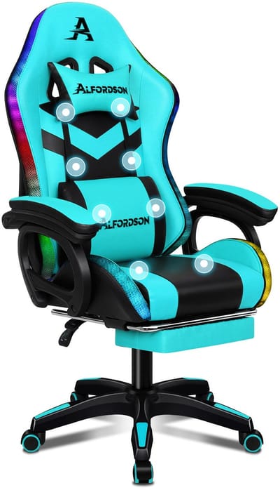 ALFORDSON Gamestoel, 12 RGB LED-kleurenafstandsbediening, armleuningen met schuifrail, intrekbare voetsteun, 8-punt massage verstelbaar kussen