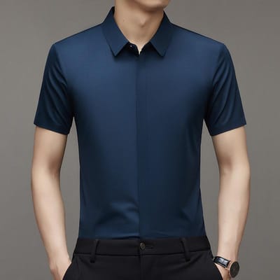 Korte Mouw Shirt Mannen Zomer Nieuw Effen Kleur Middelbare Leeftijd Zakelijk Vrije Tijd Half Mouw Shirt Trendy Mannen Half Gevoerd XXXXL blue
