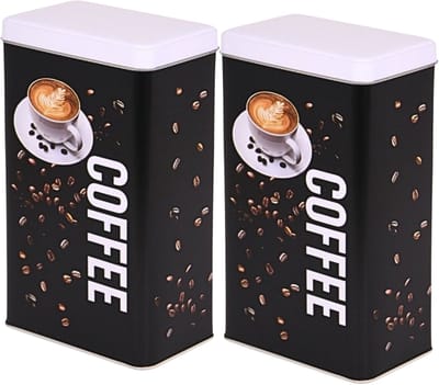 Excellent Houseware Koffieblik - 2x - zwart - coffee print - 800 ml - rechthoekig - koffie - bewaarblikken - Koffiepads/koffiecups - filterkoffie