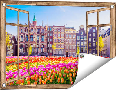 Gards Tuinposter Doorkijk Amsterdamse Huisjes met Tulpen - Kleur - 60x40 cm - Tuindoek - Tuindecoratie - Wanddecoratie buiten - Tuinschilderij