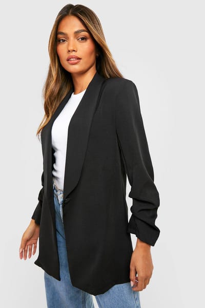boohoo Dames Basic Geweven Blazer met Geruffelde Mouwen en Diepe V-Revers | Black | Maat: 8