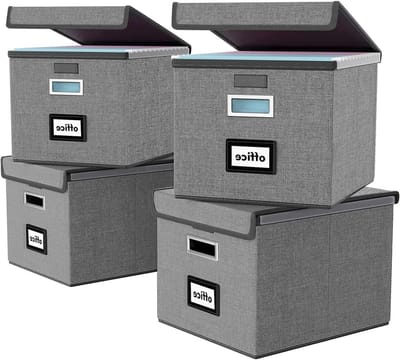 Vouwbare Opbergbak met Deksel, Stijlvolle Linnen Look, 38.5 × 33 × 3 cm, Ideaal voor Kantoor en Huishoudelijk Gebruik, Set van 4 Stuks