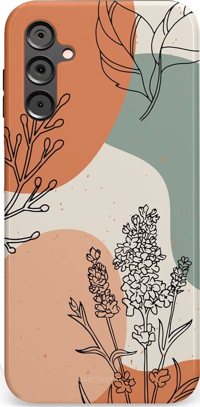 Casetastic hoesje geschikt voor Samsung Galaxy A14 (2023) 5G / Samsung Galaxy A14 (2023) 4G - Dubbellaagse bescherming - Lijnenspel Natuur - Fashion Case - Zand Saliegroen Terracotta