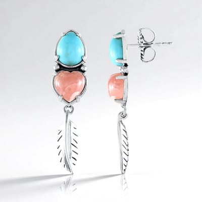 Cavill - Zilveren oorbellen - 925 Sterling Zilver Geoxideerd - Turkoois druppel 4.68 ct - Rhodochrosiet hart 2.72 ct - Boho stijl 38 mm