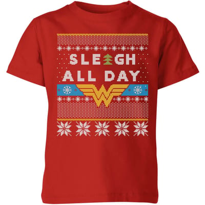 Wonder Woman 'Sleigh All Day Kids' Christmas T-Shirt - Red - 98/104 (3-4 jaar)