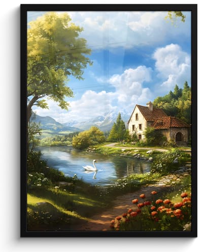Poster in lijst - Fotolijst 50x70 cm - Posters - Zwaan - Bomen - Rust - Posterlijst zwart - Decoratie - Wanddecoratie woonkamer - Muurdecoratie slaapkamer