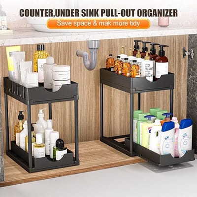 Famanu - Opslag voor onder de gootsteen – 2-laags schuifkeuken opslag onder de gootsteen plank, onder kast lade organizer met haken, voor badkamer keuken aanrecht, zwart